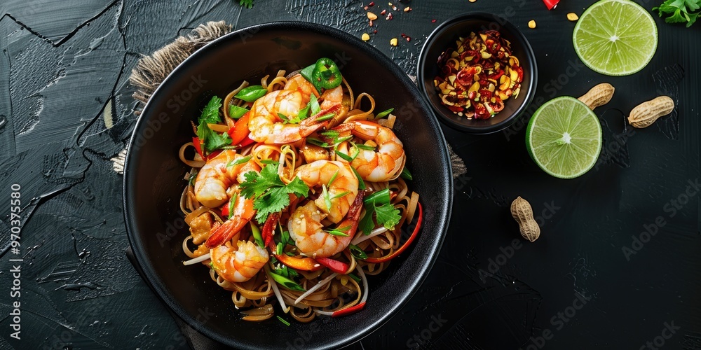 Shrimp and peanut Pad Thai stir-fry featuring noodles, scrambled eggs, bean sprouts, spring onion, red pepper, and lime served in a black bowl on a dark surface, overhead close-up. Shrimp and peanut Pad Thai stir-fry featuring noodles, scrambled eggs, bean sprouts, spring onion, red pepper, and lime served in a black bowl on a dark surface, overhead close-up.
