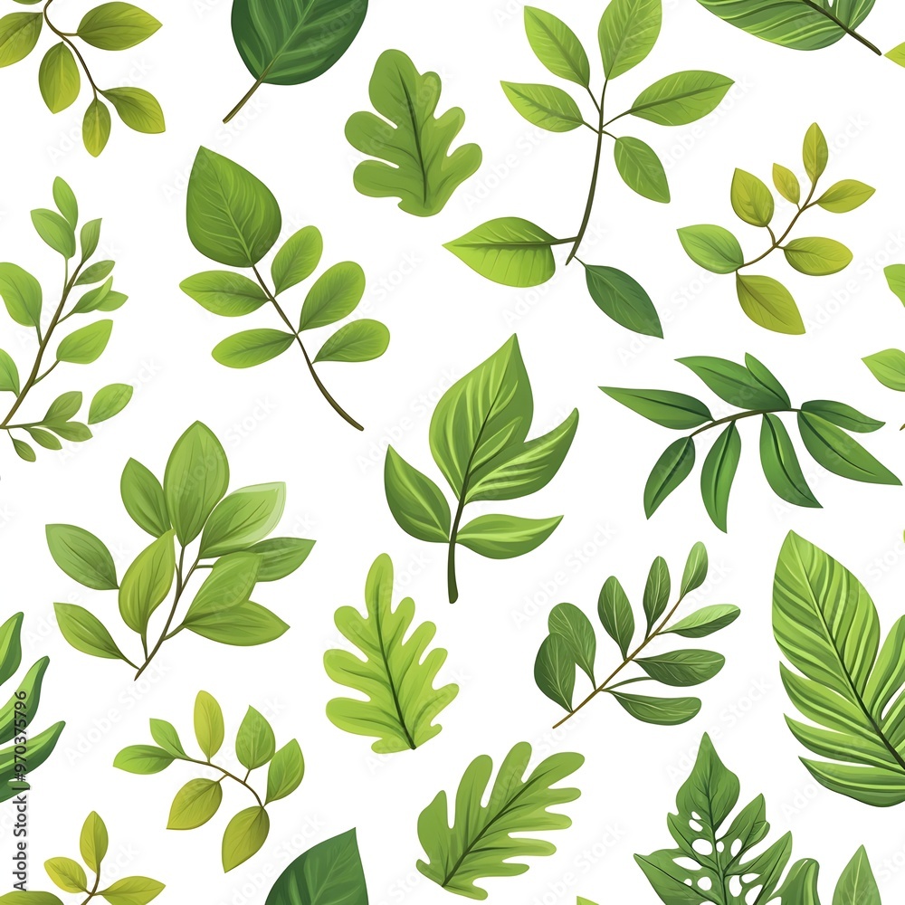 Seamless Natural Foliage Pattern with Fresh Green Leaves on White Background Seamless Natural Foliage Pattern with Fresh Green Leaves on White Background