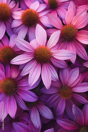 A close up of a bunch of purple flowers with orange centers. The flowers are arranged in a way that makes them look like they are in a bouquet. Scene is one of beauty and serenity