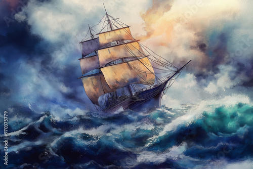 Watercolor Colorful Illustration Artwork background of an old sailing ship in a stormy sea