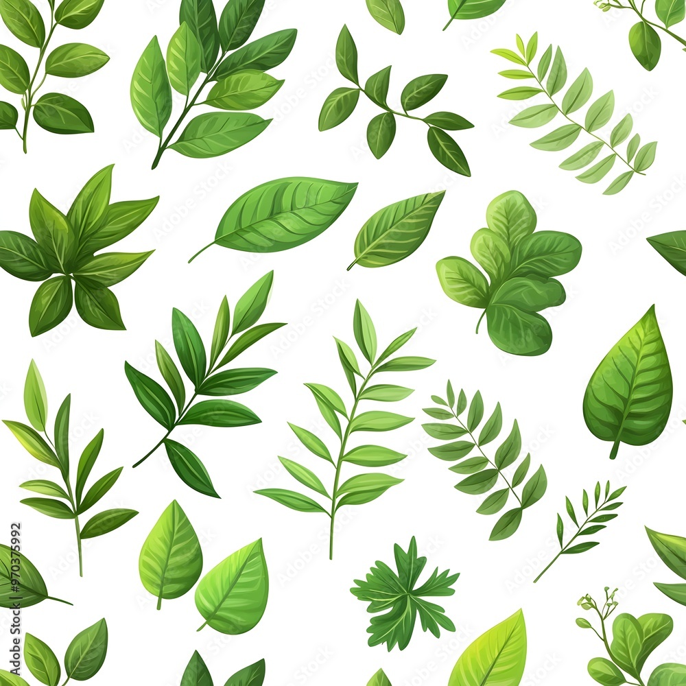Seamless Natural Pattern with Various Fresh Green Leaves on White Background Seamless Natural Pattern with Various Fresh Green Leaves on White Background