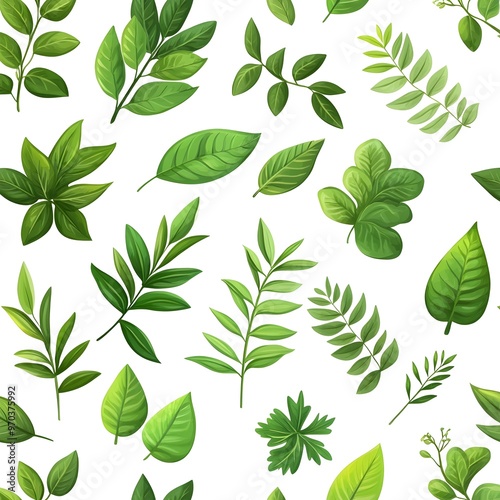 Seamless Natural Pattern with Various Fresh Green Leaves on White Background