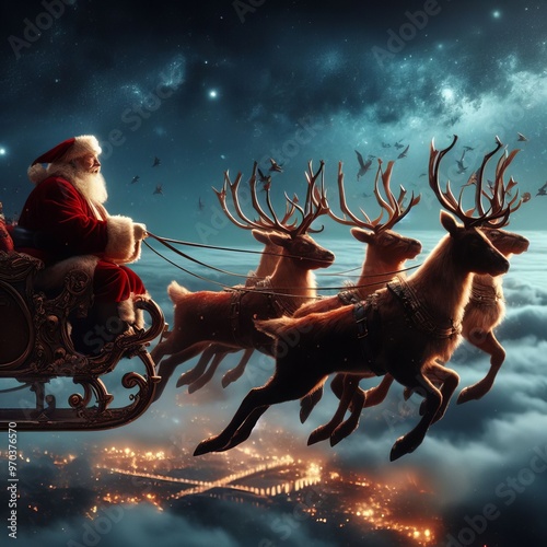 Santa Claus with reindeer and sleigh in a winter scene with snow and holiday decorations photo