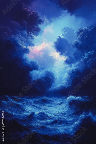 A painting of a stormy ocean with a blue sky. The mood of the painting is intense and dramatic