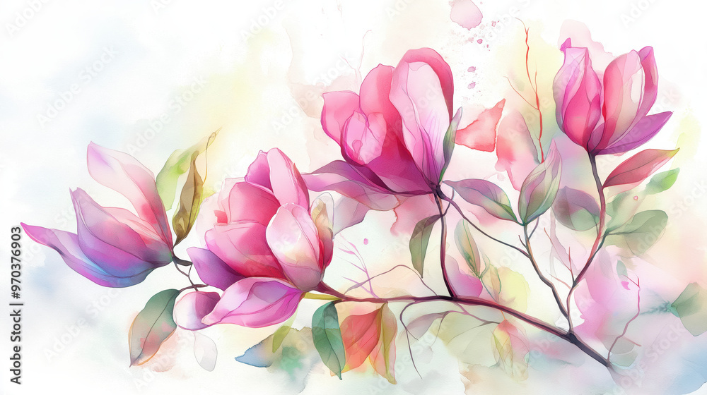 Beautiful watercolor illustration of pink magnolia flowers with delicate petals and soft colors to evoke calm and elegance. Beautiful watercolor illustration of pink magnolia flowers with delicate petals and soft colors to evoke calm and elegance.