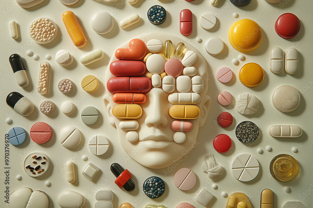 image showcases creative arrangement of various pills and capsules surrounding sculpted head, symbolizing impact of medication on mental health. This visual representation evokes thoughts on triggers image showcases creative arrangement of various pills and capsules surrounding sculpted head, symbolizing impact of medication on mental health. This visual representation evokes thoughts on triggers