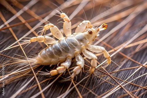 A tiny louse clings to a human hair, its head and claws starkly visible against the smooth shaft, a testament to its parasitic existence. photo