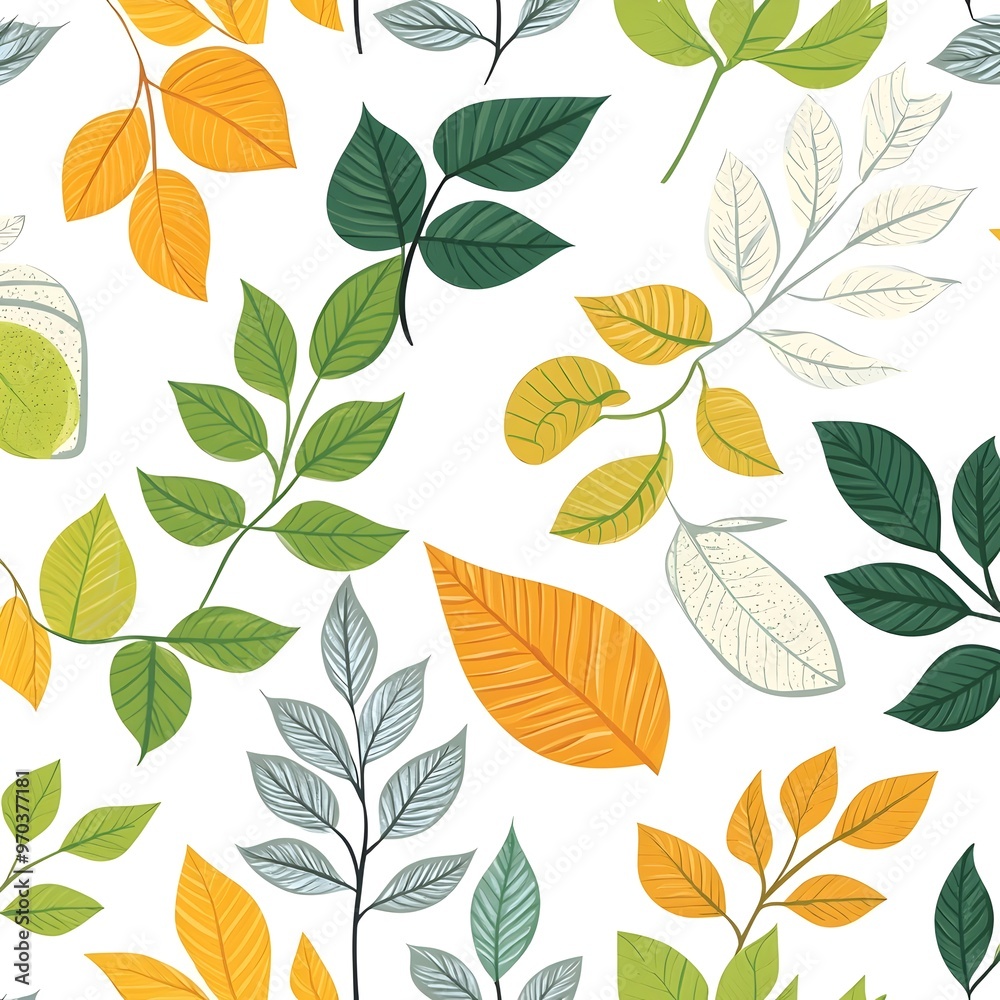 Vibrant Botanical Leaves Pattern on White Background