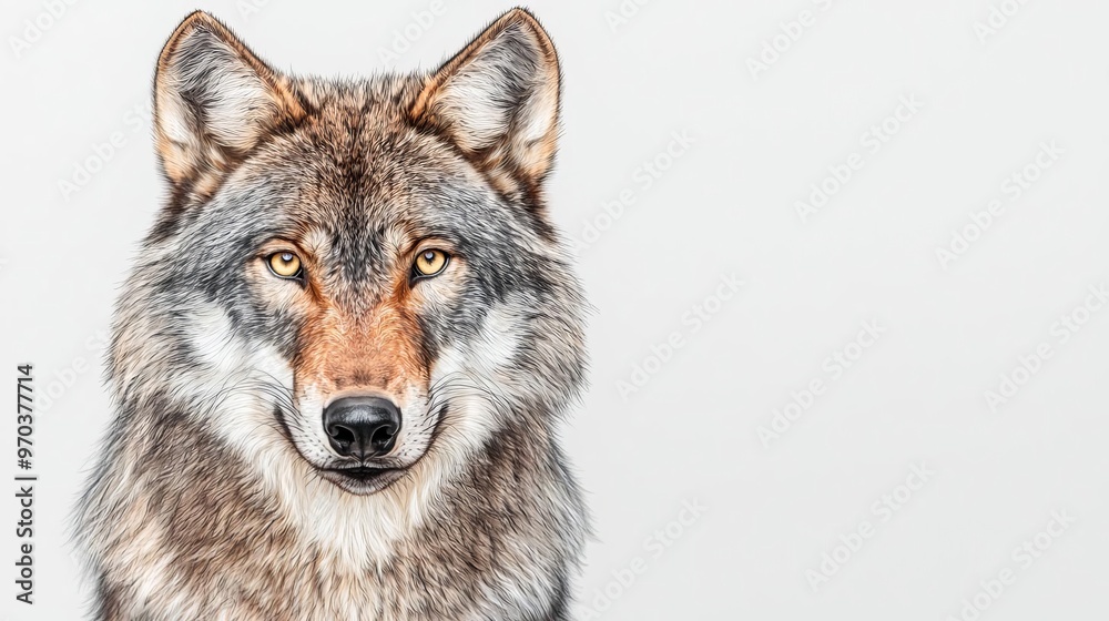 Fototapeta premium Wildlife Wolf, realism drawing isolated on white background, fine detailing and natural colors, focusing on intense gaze and sleek fur, capturing wild essence of this predator