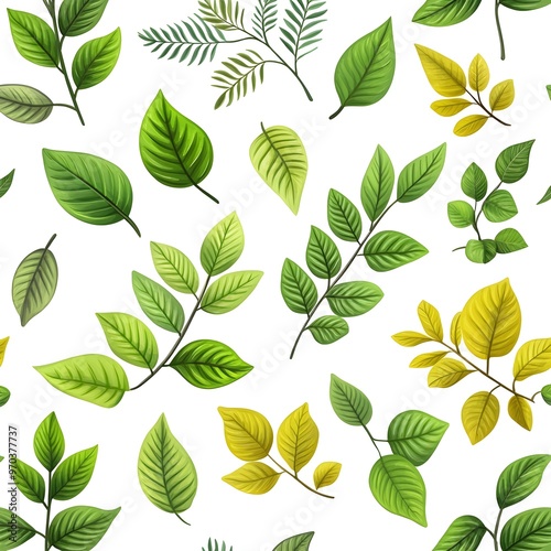 Seamless natural pattern with various fresh and lush green leaves on white background