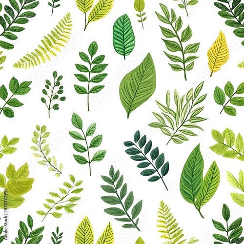 Fresh and Lush Leaves in Seamless Natural Pattern on Elegant Minimal White Background