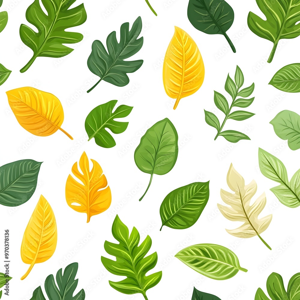 Seamless Pattern of Diverse and Vibrant Natural Leaves on a Crisp White Background Seamless Pattern of Diverse and Vibrant Natural Leaves on a Crisp White Background