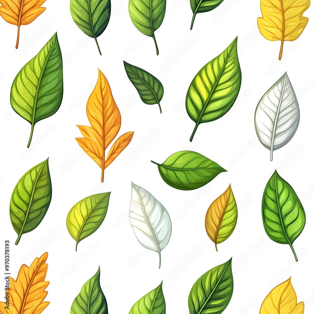 Fototapeta premium Vibrant Foliage Pattern with Fresh Leaves in Diverse Hues on Clean White Background