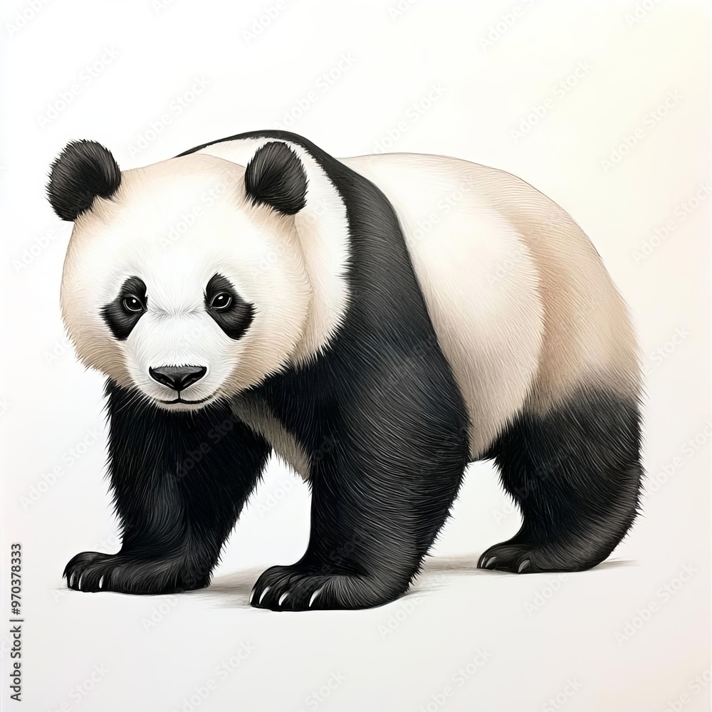 Fototapeta premium Wildlife Panda, charcoal drawing isolated on white background, soft, grainy textures with monochrome shades, emphasizing fluffy fur and iconic black-and-white markings