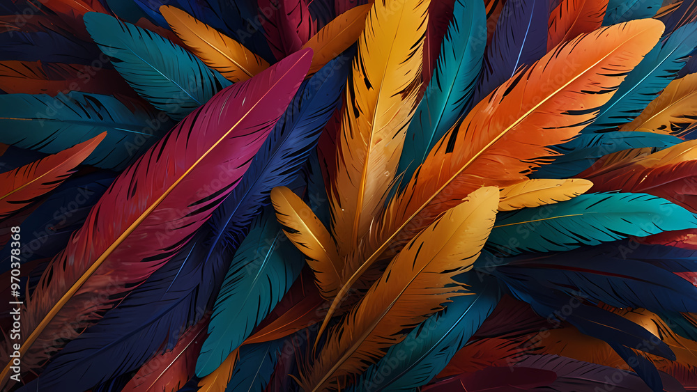 Fototapeta premium Abstract composition of vibrant, colorful feathers arranged in a circular motion