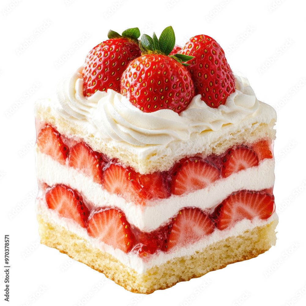 A delicious slice of strawberry shortcake topped with fresh strawberries and whipped cream. A delicious slice of strawberry shortcake topped with fresh strawberries and whipped cream.