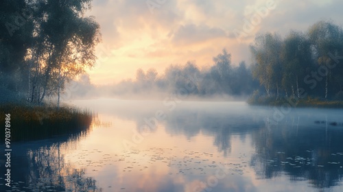 Serene morning mist over a still lake with reflections of the trees and sky.