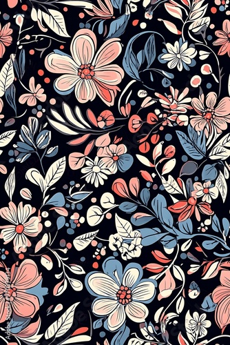 seamless floral background,Seamless pattern with flowers and leaves,Abstract floral lino cuts of leaves and flowers