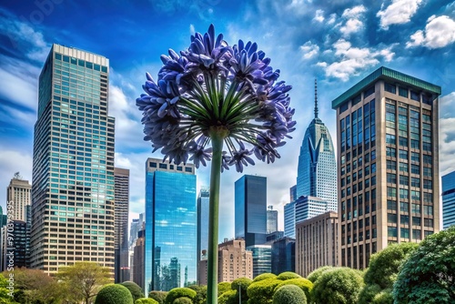 A twisted flower, its petals torn asunder, defies the steel canyons, a rebel cry in a city where hope is lost among neon towers. photo