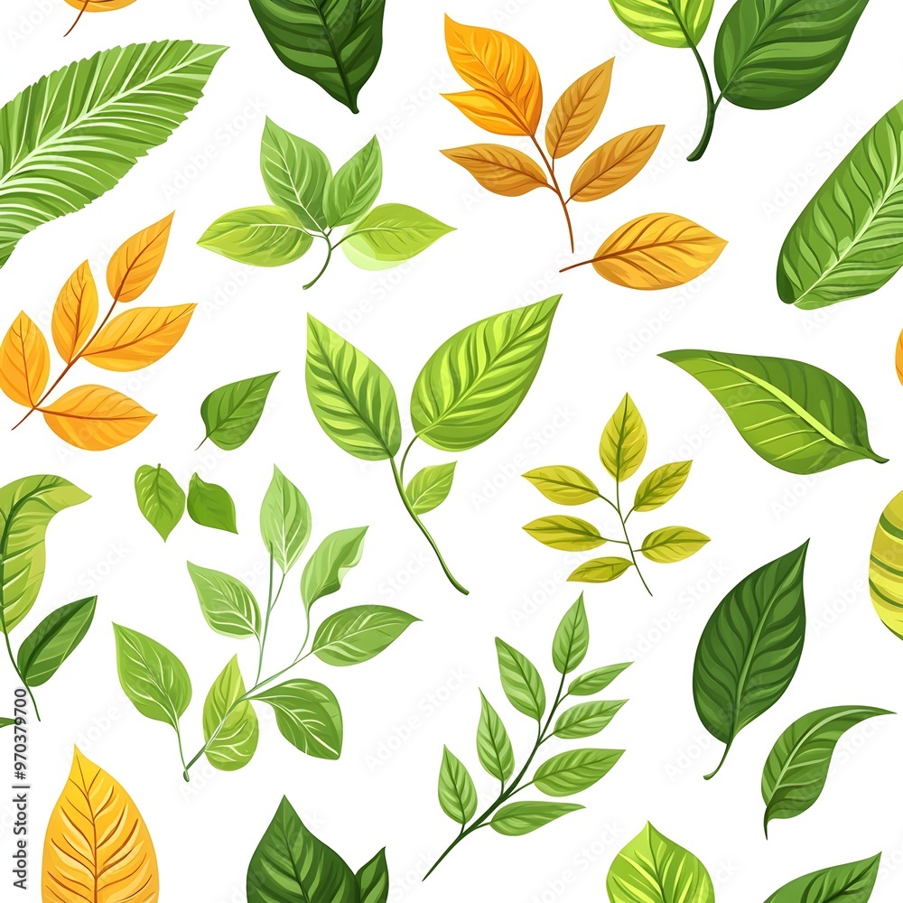 Fototapeta premium Seamless pattern of fresh and natural looking various leaves on a clean white background