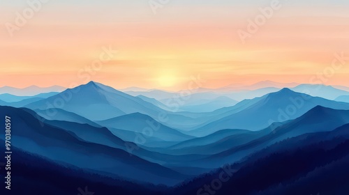 Distant mountain silhouettes, sunrise glow, triadic color scheme, flat vintage watercolor effect, soft gradient sky and stylized peaks