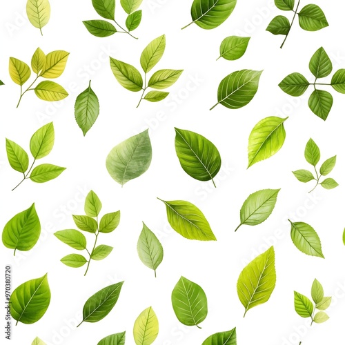 Seamless Background of Vibrant Green Leaves and Fresh Foliage Patterns on White