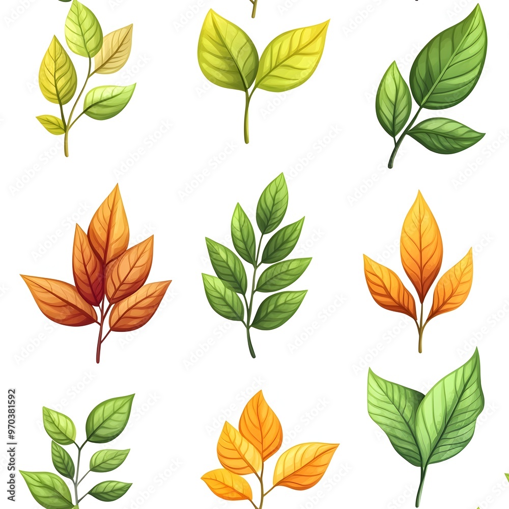 Obraz premium Seamless pattern of diverse fresh natural leaves in various shades of green orange and yellow on a clean white background