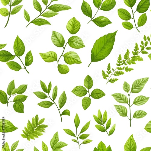 Seamless Pattern with Fresh and Vibrant Leaves on White Background