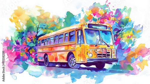 A vibrant watercolor illustration of a classic yellow school bus surrounded by colorful trees and flowers. photo