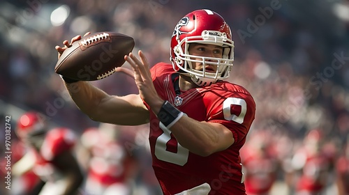 Quarterback throwing a pass in a highly detailed action shot, sharp focus, clear image of football in motion photo