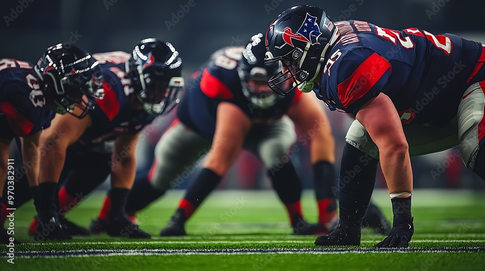Defensive lineman charging forward during a game, sharp focus, clear details of jerseys and field Defensive lineman charging forward during a game, sharp focus, clear details of jerseys and field