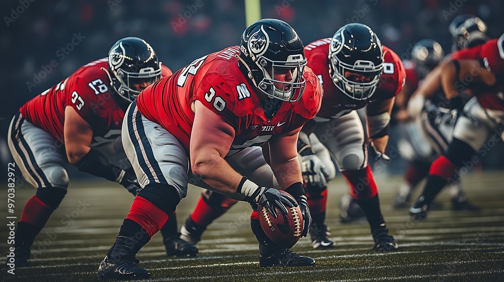 Defensive lineman charging forward during a game, sharp focus, clear details of jerseys and field Defensive lineman charging forward during a game, sharp focus, clear details of jerseys and field
