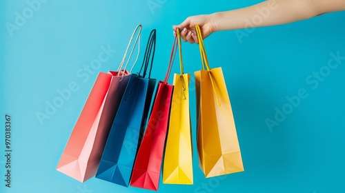 Female hand holding multiple colorful shopping bags against a vibrant blue background, ideal for e-commerce, retail marketing, and online shopping promotions, featuring bright, eye-catching colors per