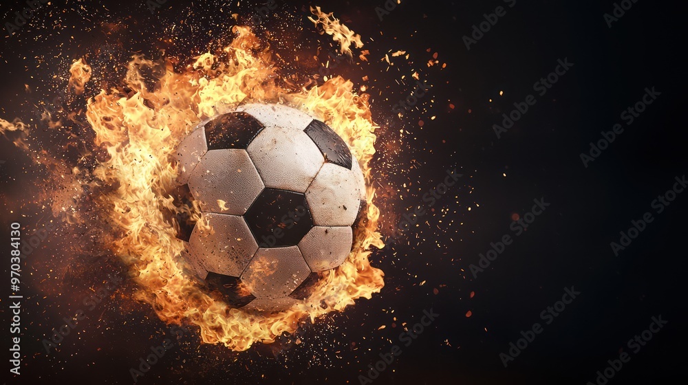Naklejka premium Fiery Soccer Ball in Hyper-Realistic Motion on Dark Background with Cinematic Lighting - High-Resolution Photography