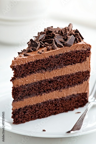 A decadent slice of chocolate cake with rich layers of ganache, creamy frosting, and topped with delicate chocolate shavings.