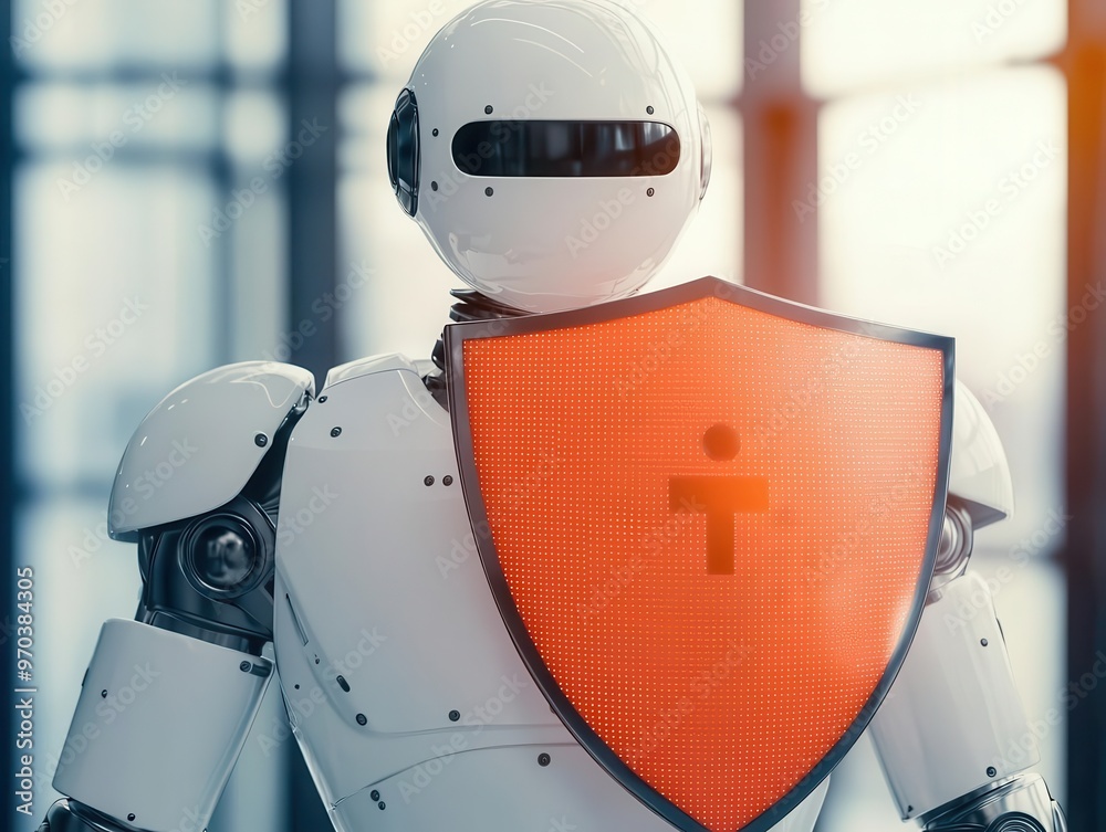 AI robot holding a glowing shield, protecting digital assets from cyberattacks, cybersecurity, AI security AI robot holding a glowing shield, protecting digital assets from cyberattacks, cybersecurity, AI security