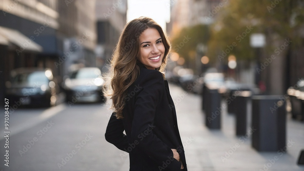 Fototapeta premium 笑顔が美しい若いビジネスウーマンが描く、自信に満ちた成功の瞬間。生成AI