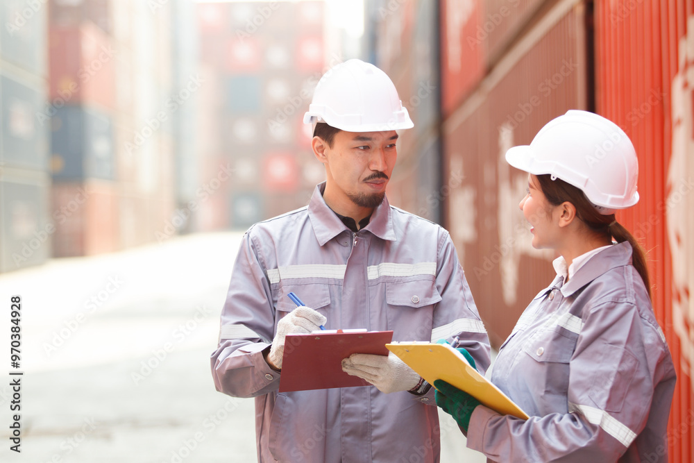 Container yard workers working and talking together. Container yard workers working and talking together.