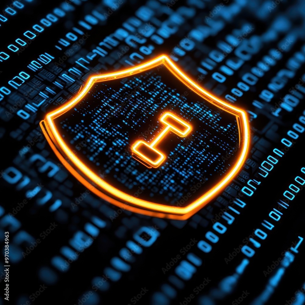 Glowing shield symbol embedded in a matrix of binary code, illustrating ...
