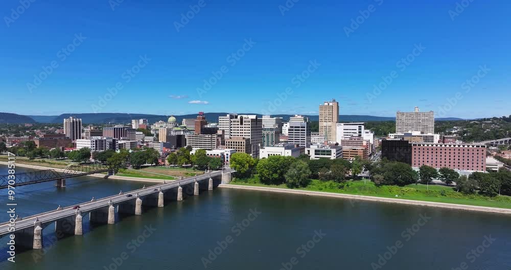 Late summer, early fall aerial, drone, video of the Harrisburg Pennsylvania skyline and the Susquehanna River. September 2024. Late summer, early fall aerial, drone, video of the Harrisburg Pennsylvania skyline and the Susquehanna River. September 2024.