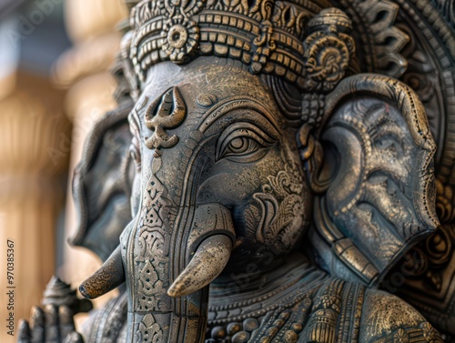 A detailed sculpture of Lord Ganesha, showcasing intricate designs and cultural significance.