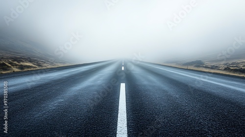 A Straight Road Disappears into Foggy Hills