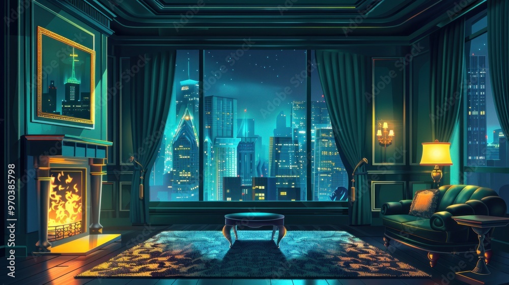 Obraz premium Dark green luxury home living room interior with cozy fireplace AI generated image