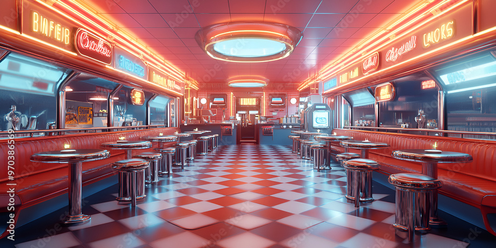 1950s Diner Design Neon Lights, heckered floors, and red vinyl booths