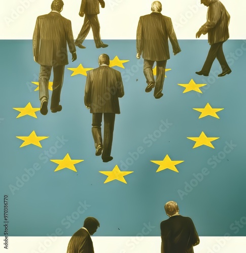 Silhouetted figures in suits walking away from the European Union flag.