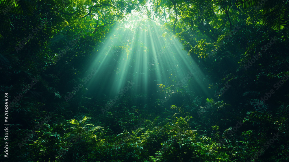 Sunbeams Through the Canopy: A cathedral of lush green foliage is illuminated by ethereal sunbeams, casting a magical glow on the rainforest floor. Sunbeams Through the Canopy: A cathedral of lush green foliage is illuminated by ethereal sunbeams, casting a magical glow on the rainforest floor.