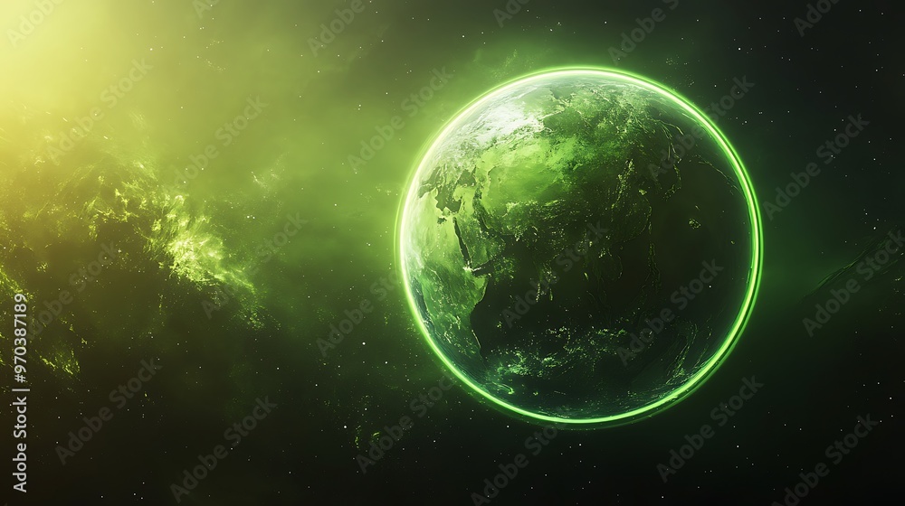 Earth Surrounded by a Bright Green Ring in Space Earth Surrounded by a Bright Green Ring in Space