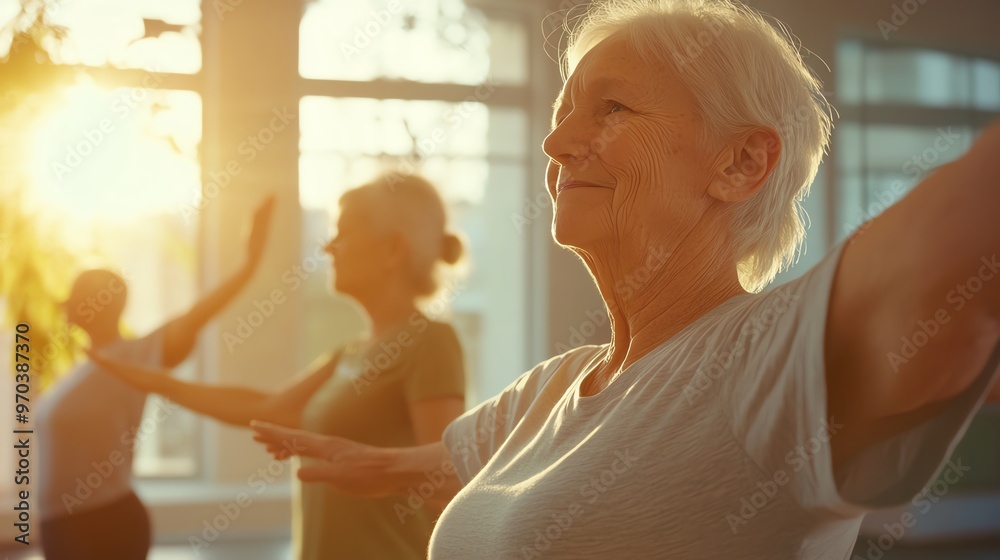 Seniors practicing yoga in a sunlit studio, emphasizing wellness and mindfulness in their fitness routine. Seniors practicing yoga in a sunlit studio, emphasizing wellness and mindfulness in their fitness routine.