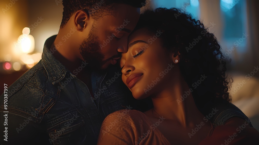A romantic moment between a Black couple in a cozy, warm setting. A romantic moment between a Black couple in a cozy, warm setting.