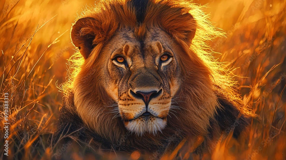 Fototapeta premium Lion Resting in Sunlit Savannah